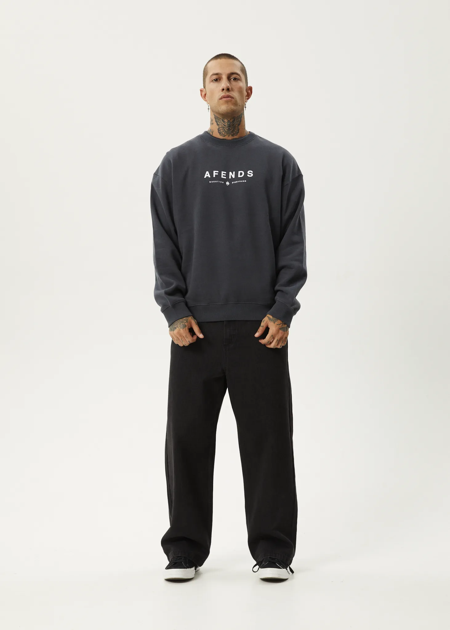 AFENDS Mens Thrown Out - Crew Neck - Charcoal