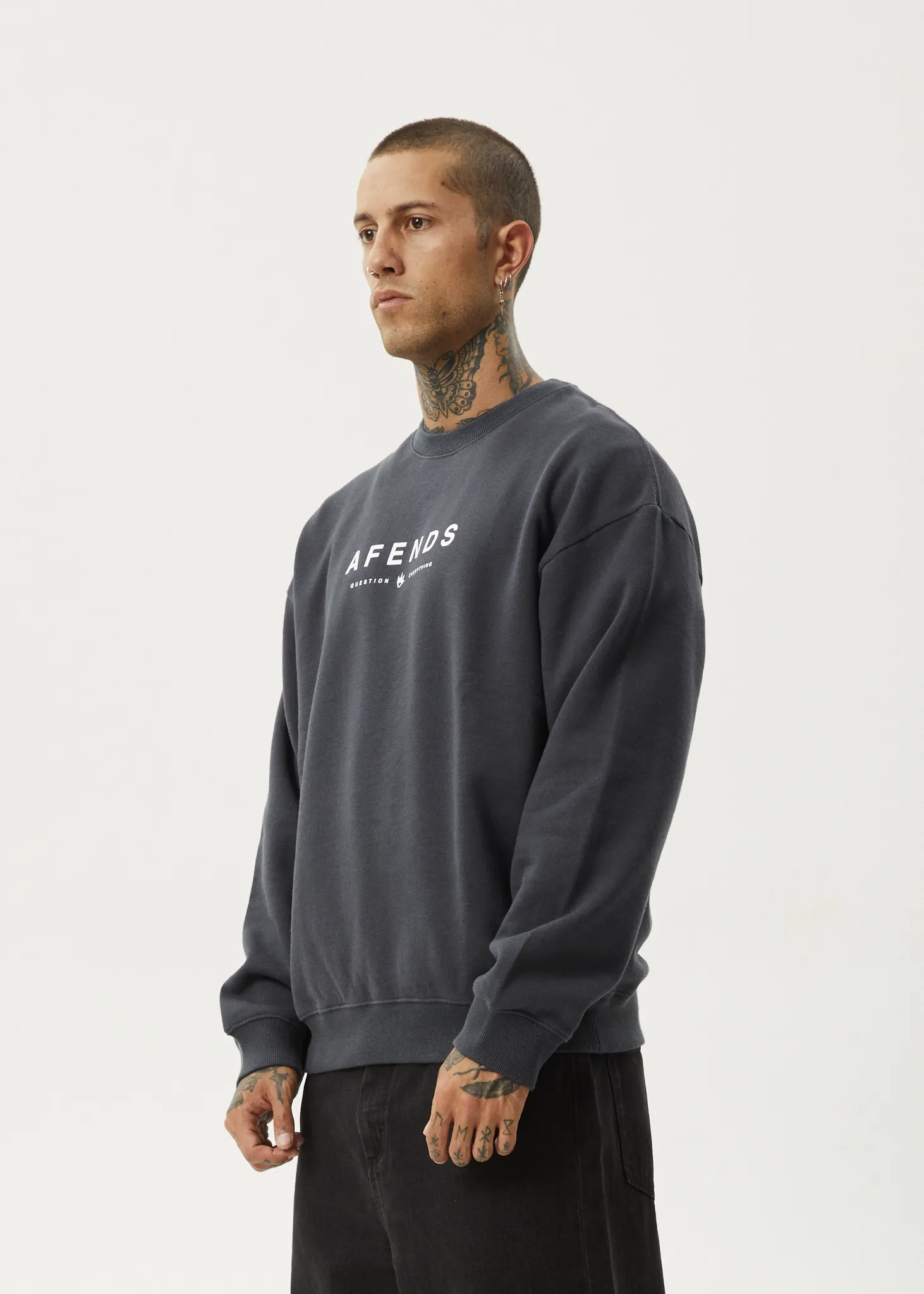 AFENDS Mens Thrown Out - Crew Neck - Charcoal