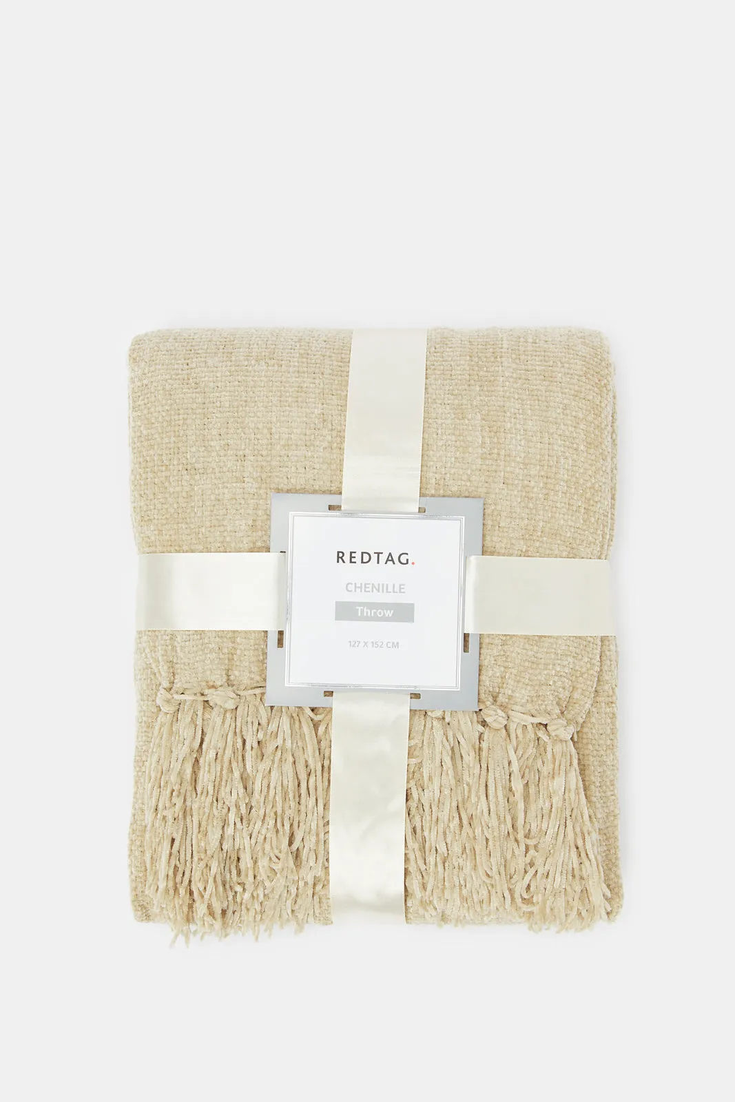 Beige Chenille Throw With Fringe