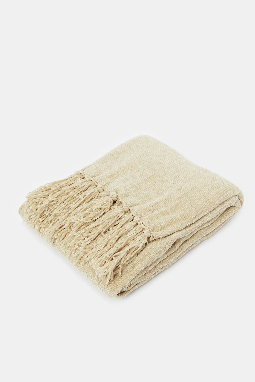 Beige Chenille Throw With Fringe