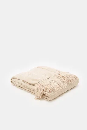 Beige Chenille Throw With Fringe