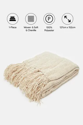 Beige Chenille Throw With Fringe