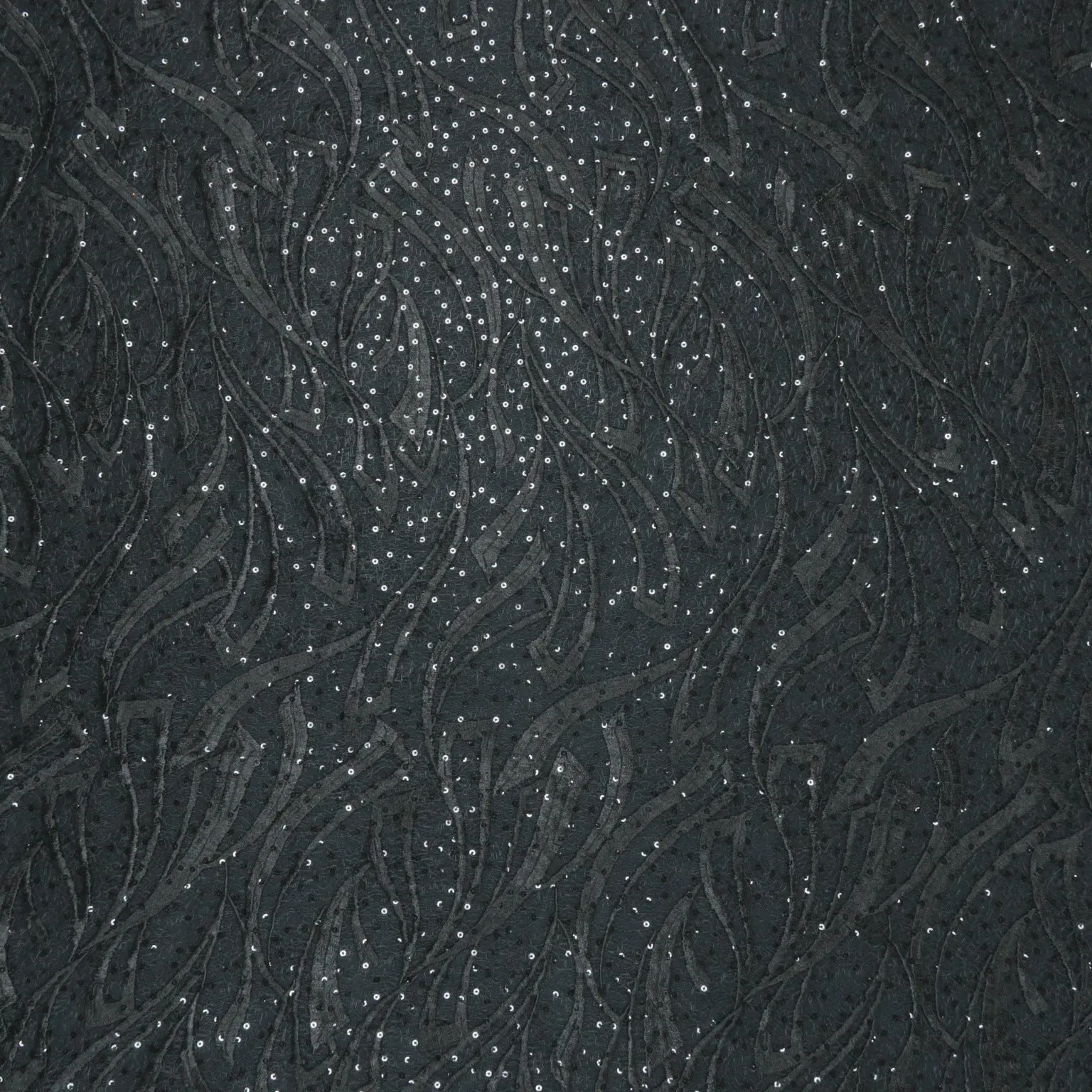 Black Abstract and Sequined Embroidered Tulle Fabric