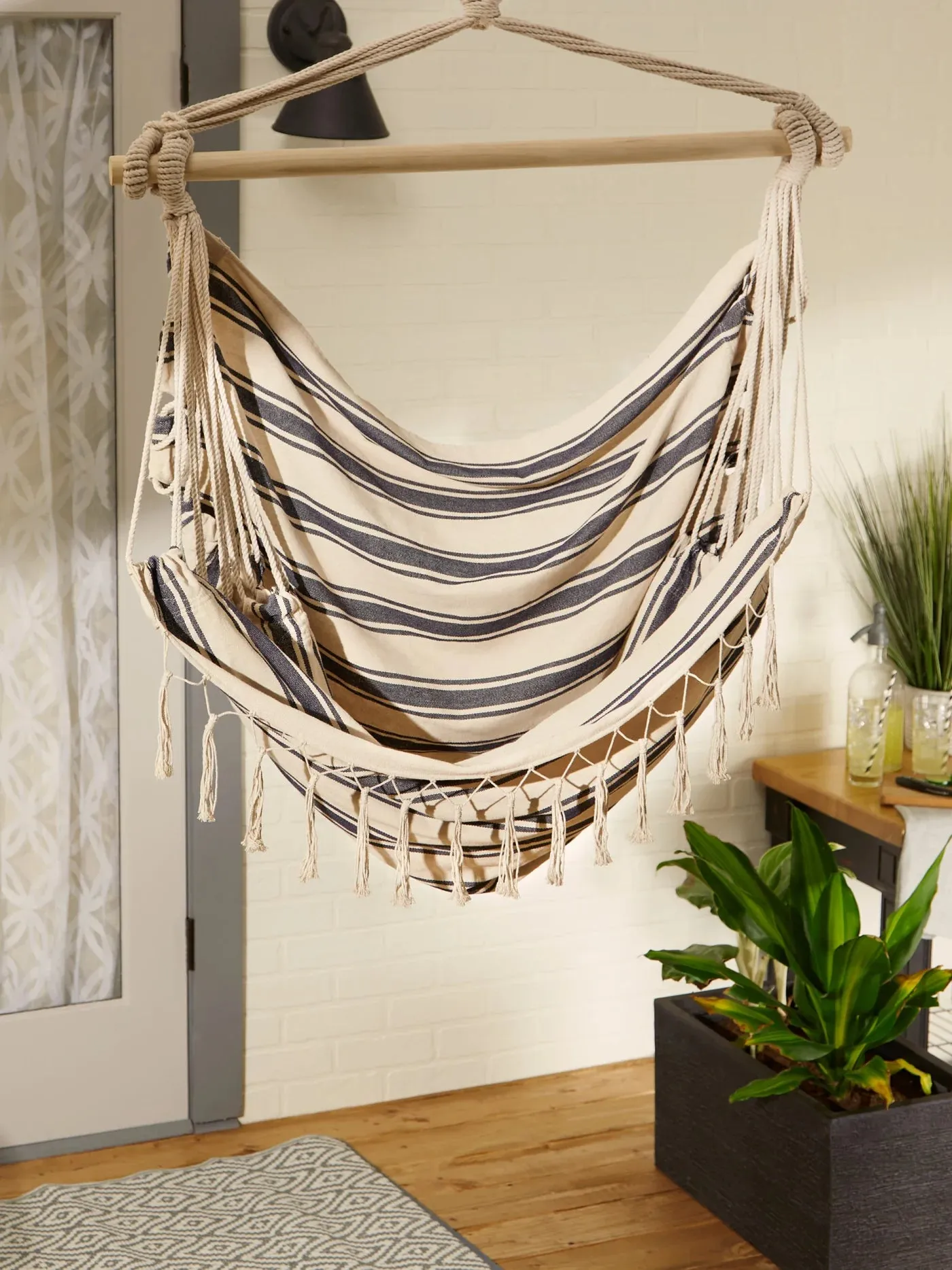 Blue & Cream Ticking Stripe Hammock Chair With Fringe Trim