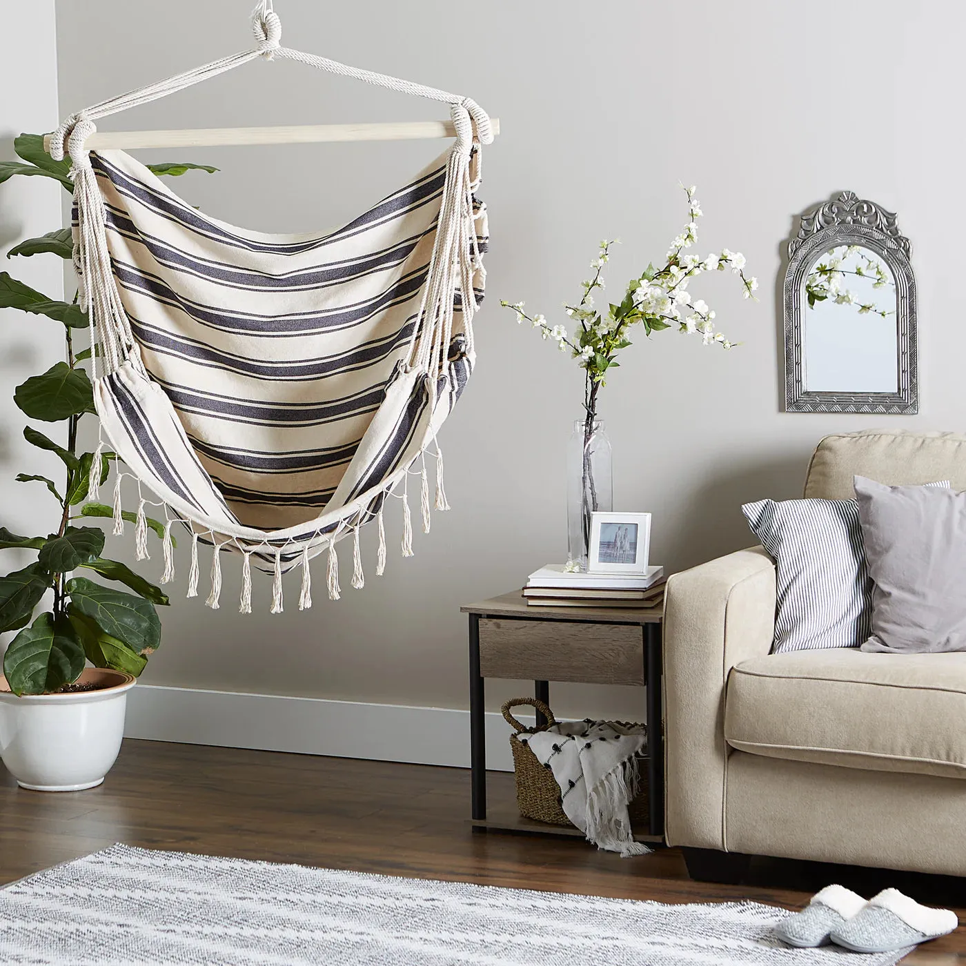 Blue & Cream Ticking Stripe Hammock Chair With Fringe Trim