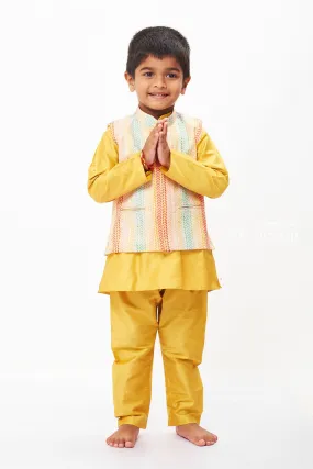 Boys Mustard Yellow Kurta Set with Rainbow Chevron - Festive Wear