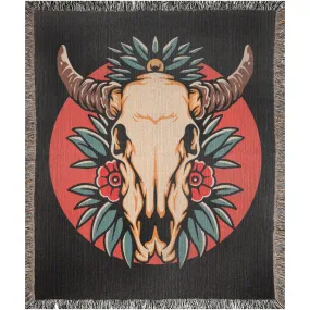 Bull Skull and Roses Traditional Tattoo Style Woven Fringe Blanket / / Wall tapestry, throw for sofa, maximalist decor, tattoo home decor