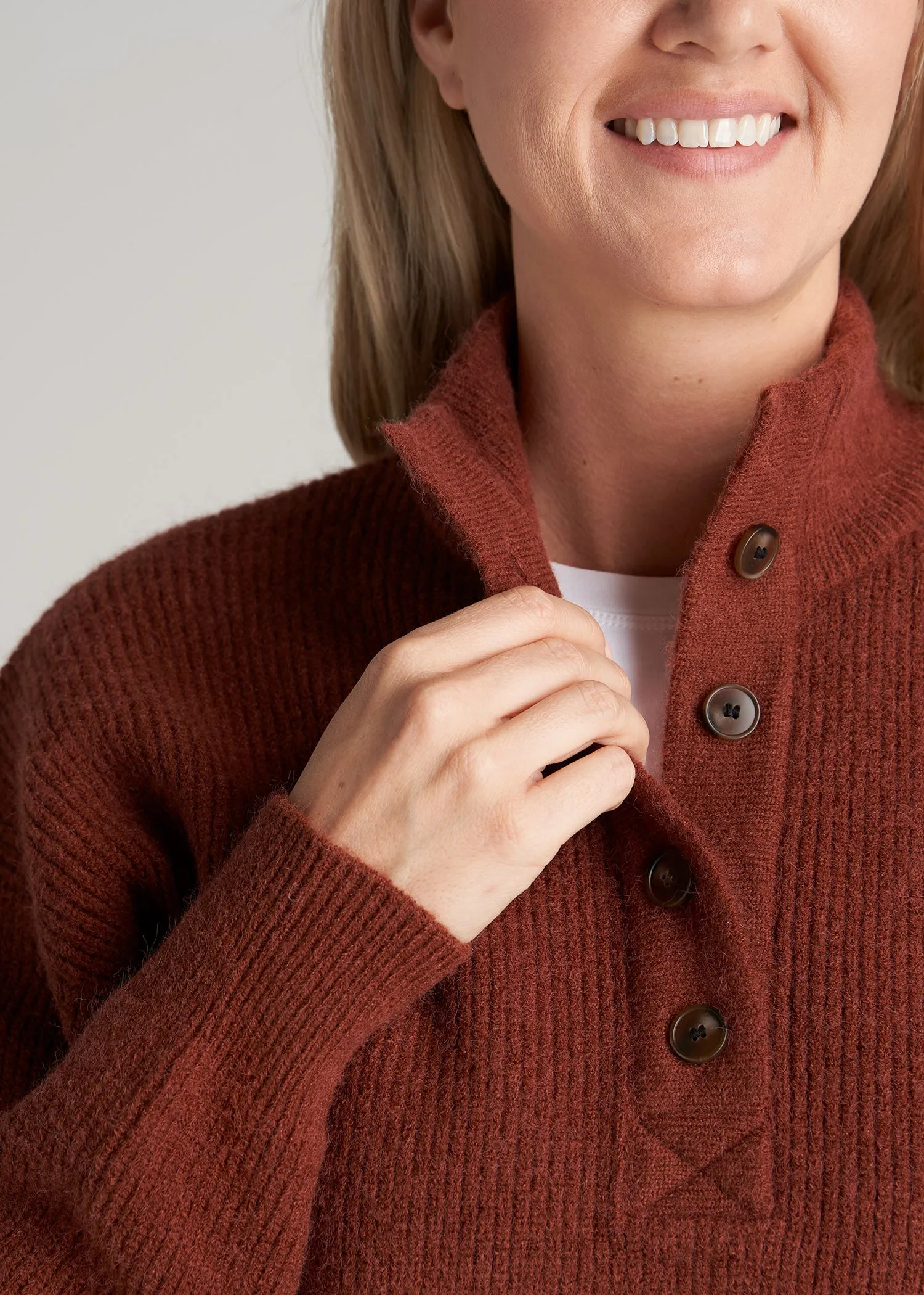 Button Front Mock Neck Sweater for Tall Women in Copper