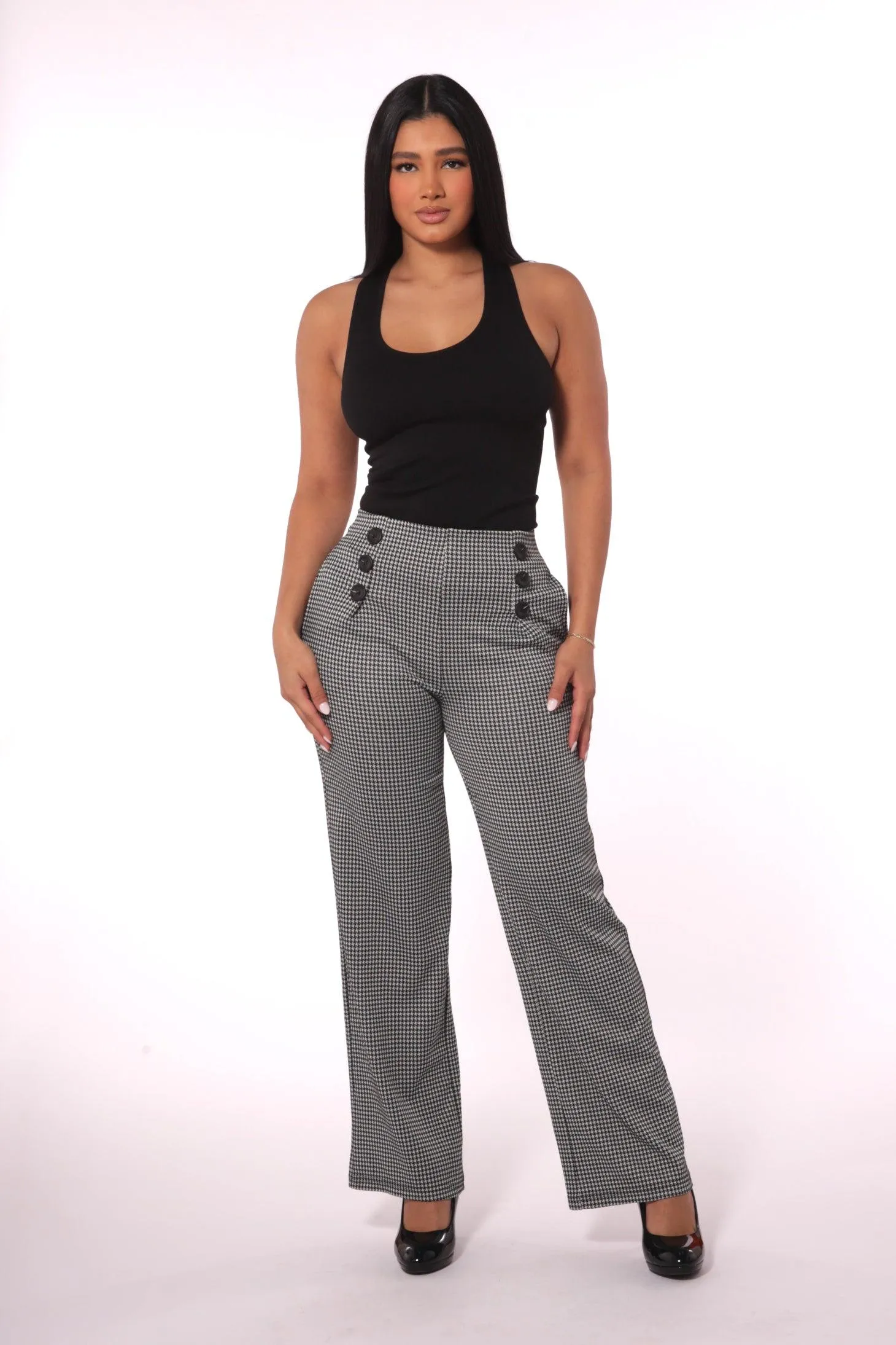 Cropped Straight Leg Pants With Button Waist Detail - Black, White Houndstooth