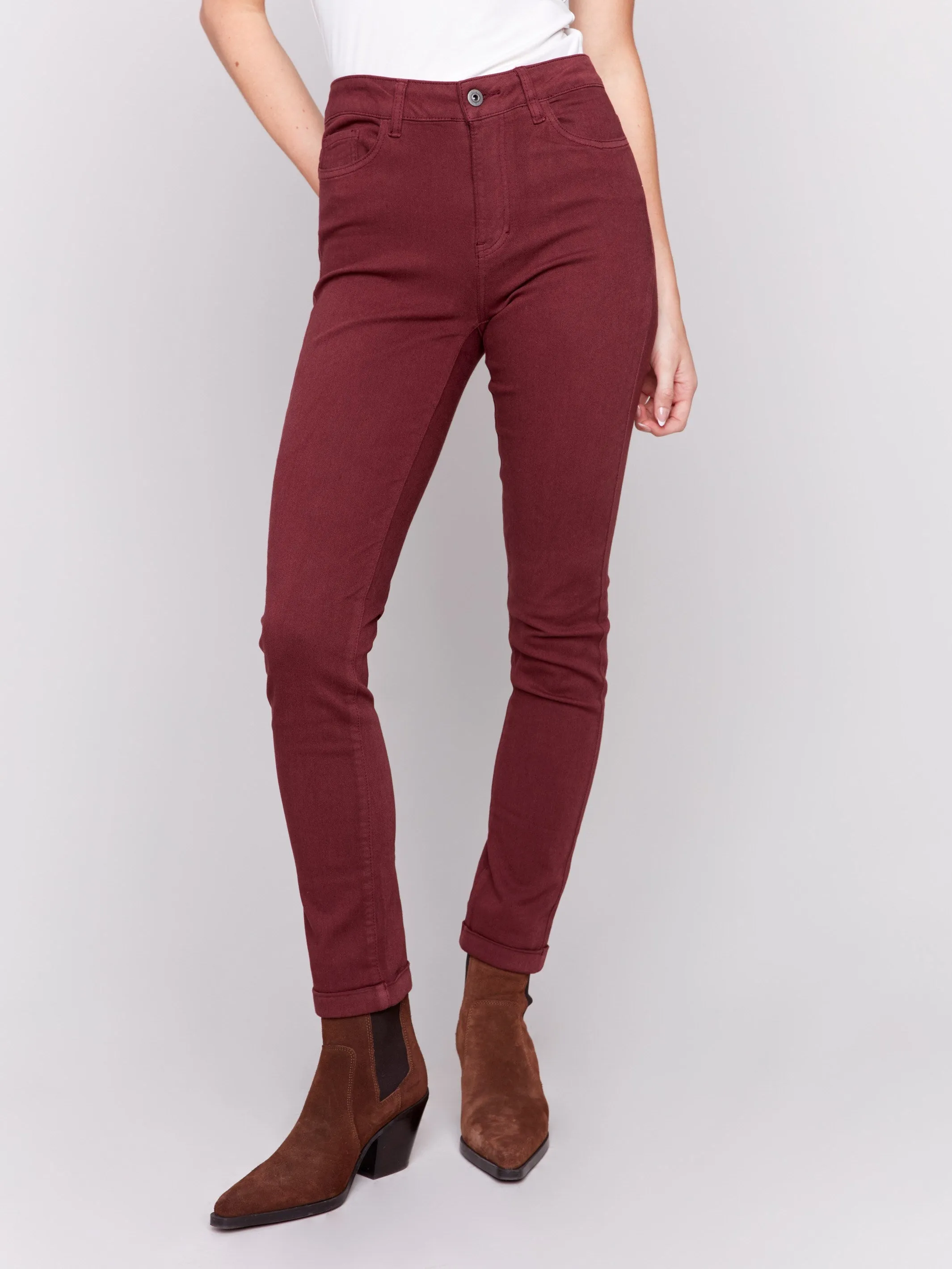 Cuffed Hem Twill Jeans - Cabernet