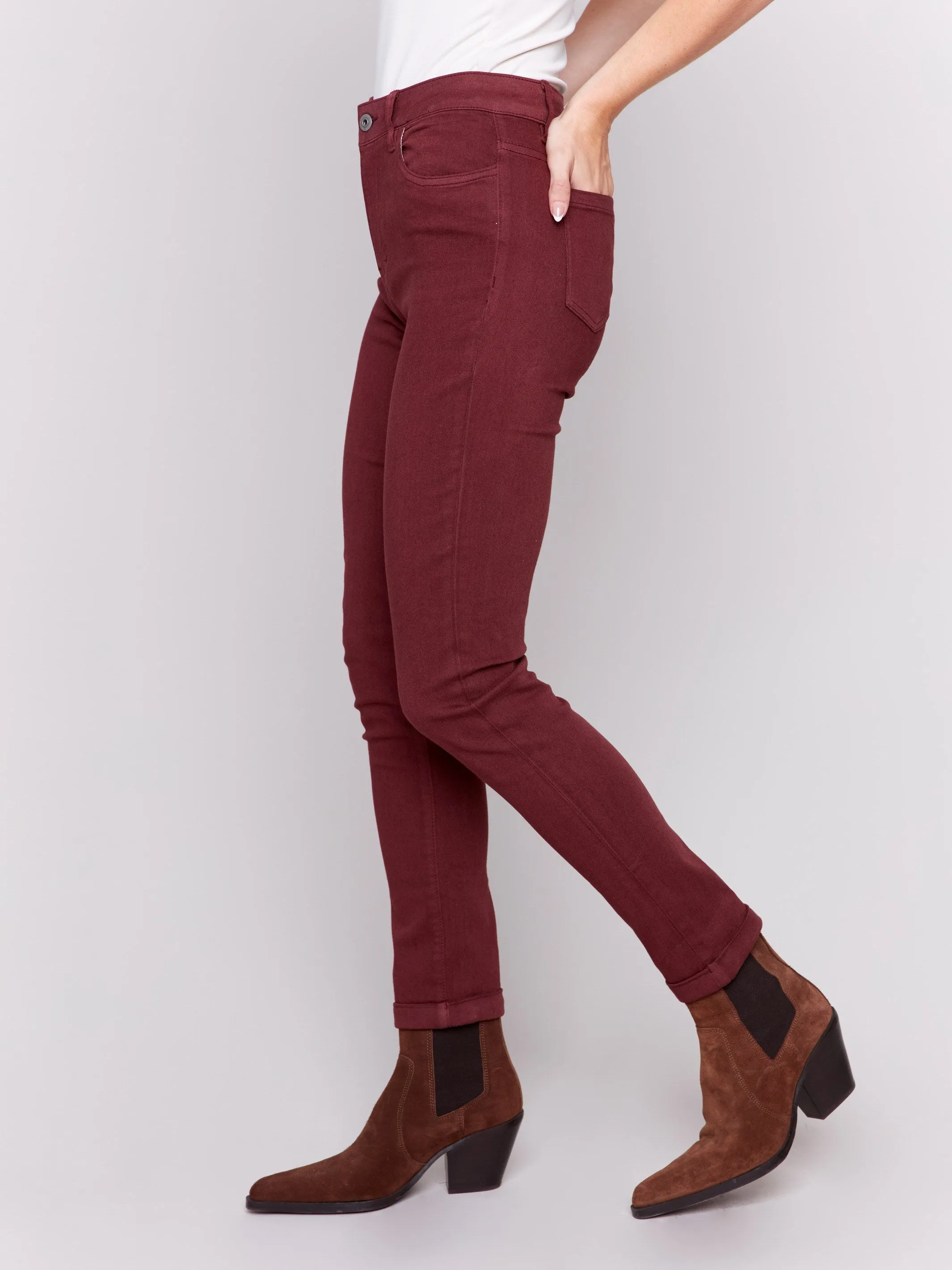 Cuffed Hem Twill Jeans - Cabernet