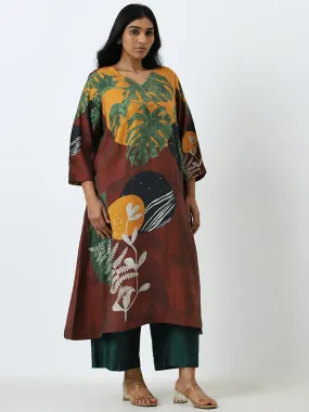 Diza Rust Leaf Printed A-Line Kurta