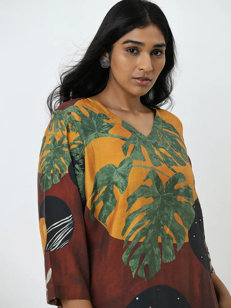 Diza Rust Leaf Printed A-Line Kurta