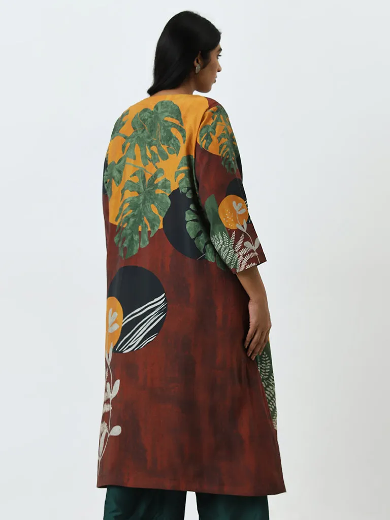 Diza Rust Leaf Printed A-Line Kurta