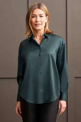 FLOWY SATIN BUTTON-UP SHIRT-Alpine green