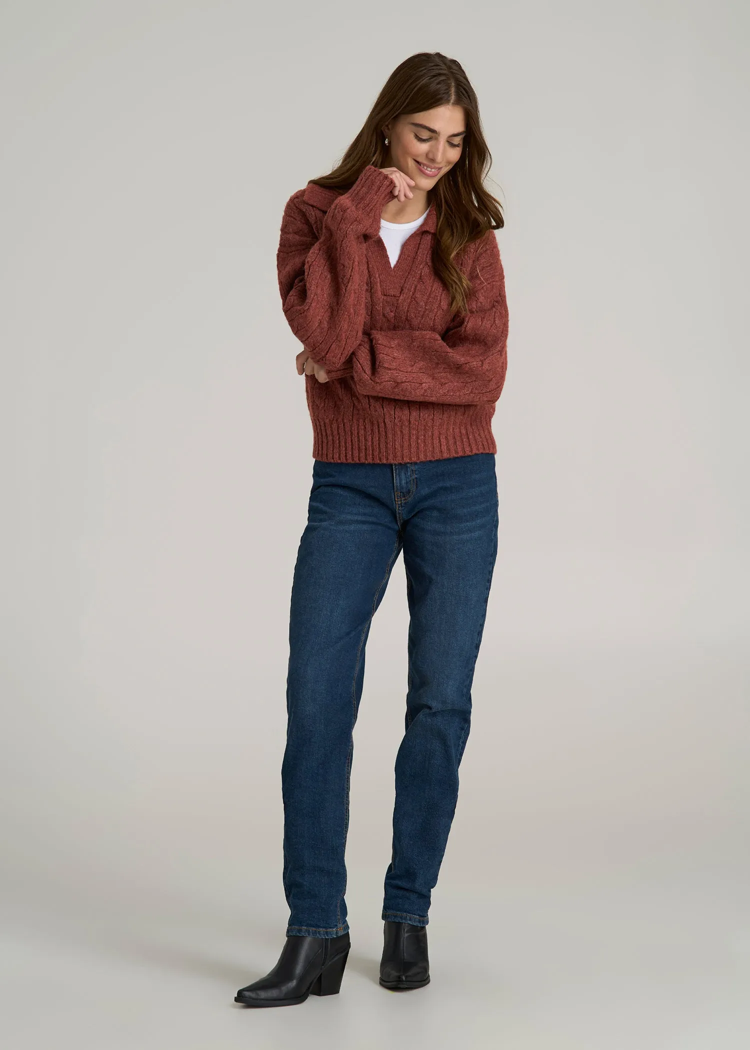 Johnny Collar Cable Knit Sweater for Tall Women in Intense Rust