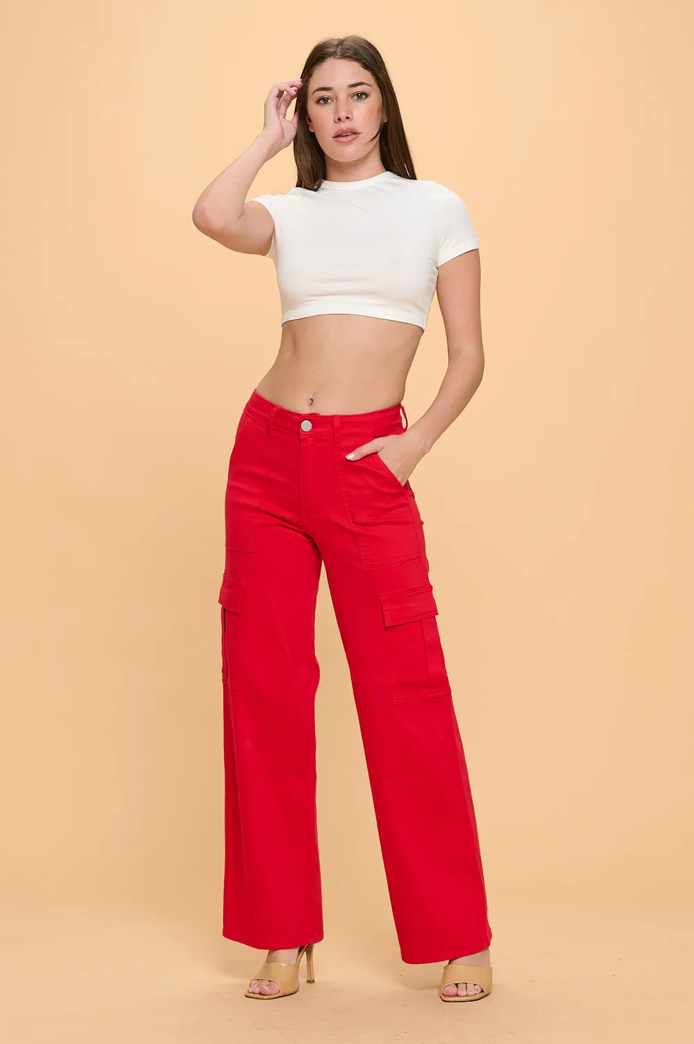 LVB-600 RED HIGH WAISTED SUPER-STRETCH CARGO PANTS