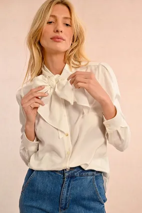 Molly Bracken Off White Satin Blouse With Pussy Bow Collar