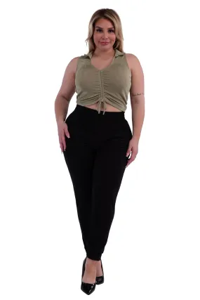 Plus Size Shirred Waist & Cuff Joggers With Pockets - Black