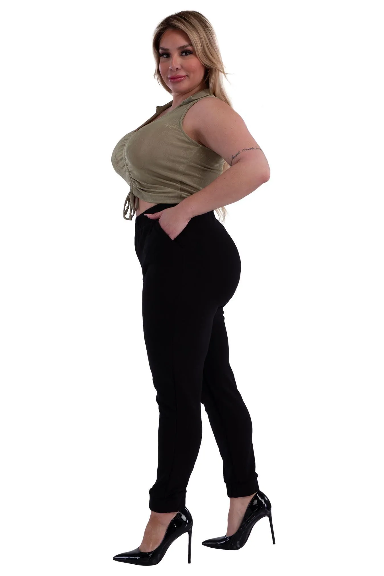 Plus Size Shirred Waist & Cuff Joggers With Pockets - Black