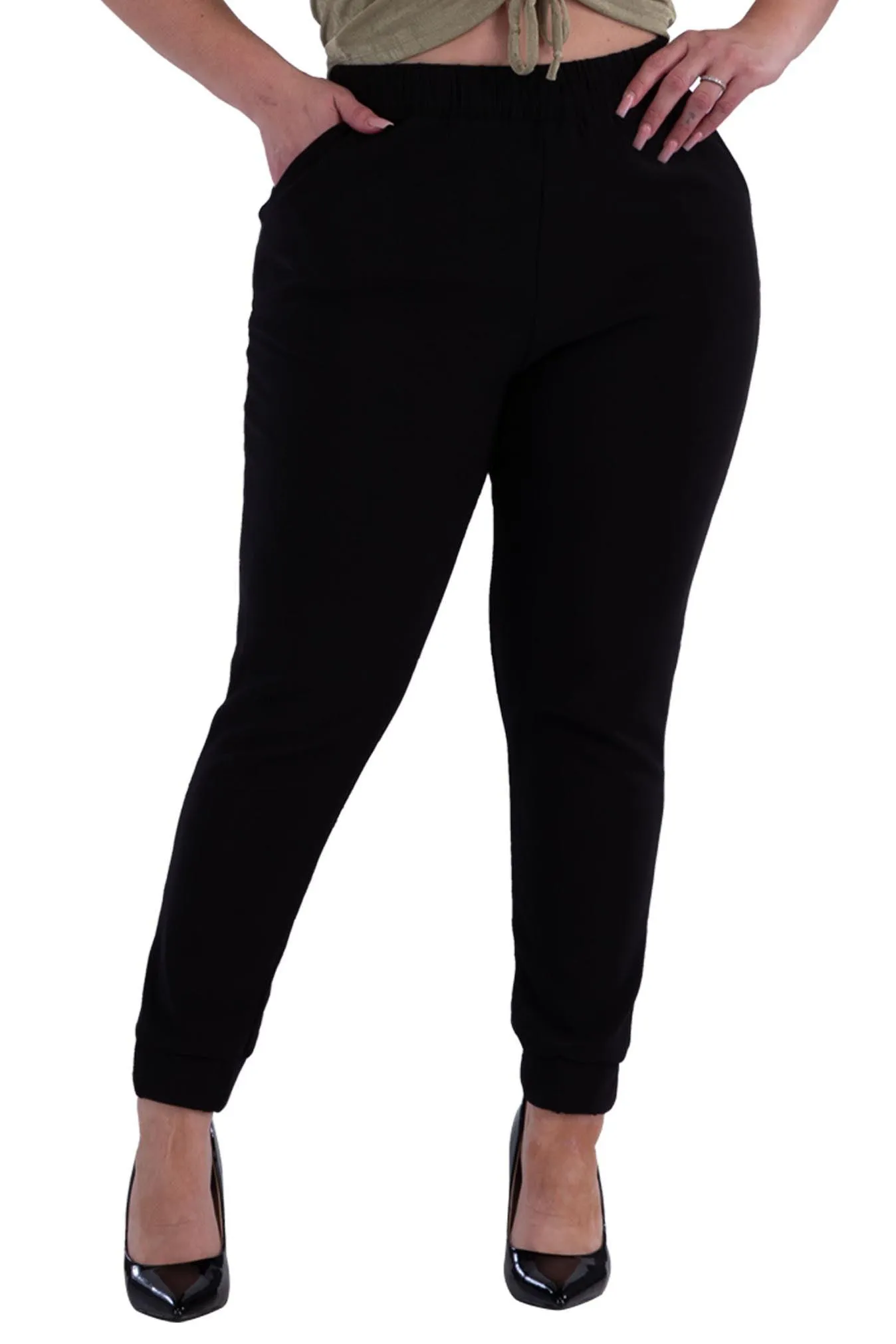 Plus Size Shirred Waist & Cuff Joggers With Pockets - Black