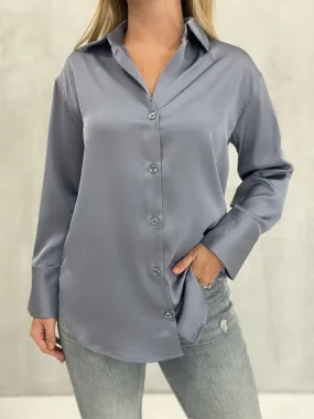 Satin Button Down Blouse - Blue