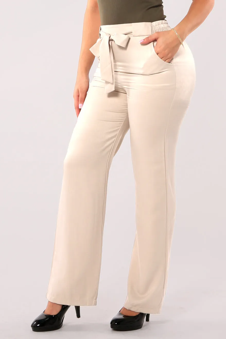 Tribute Silk Straight Leg Pants With Self Tie - Sand