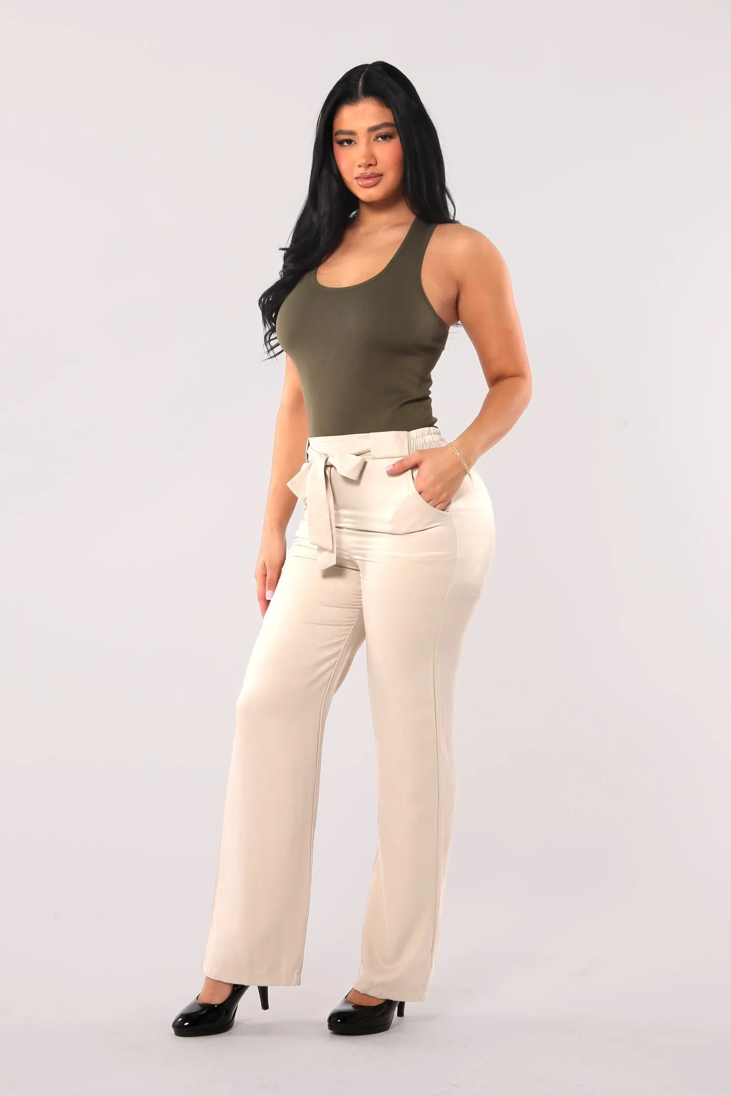 Tribute Silk Straight Leg Pants With Self Tie - Sand