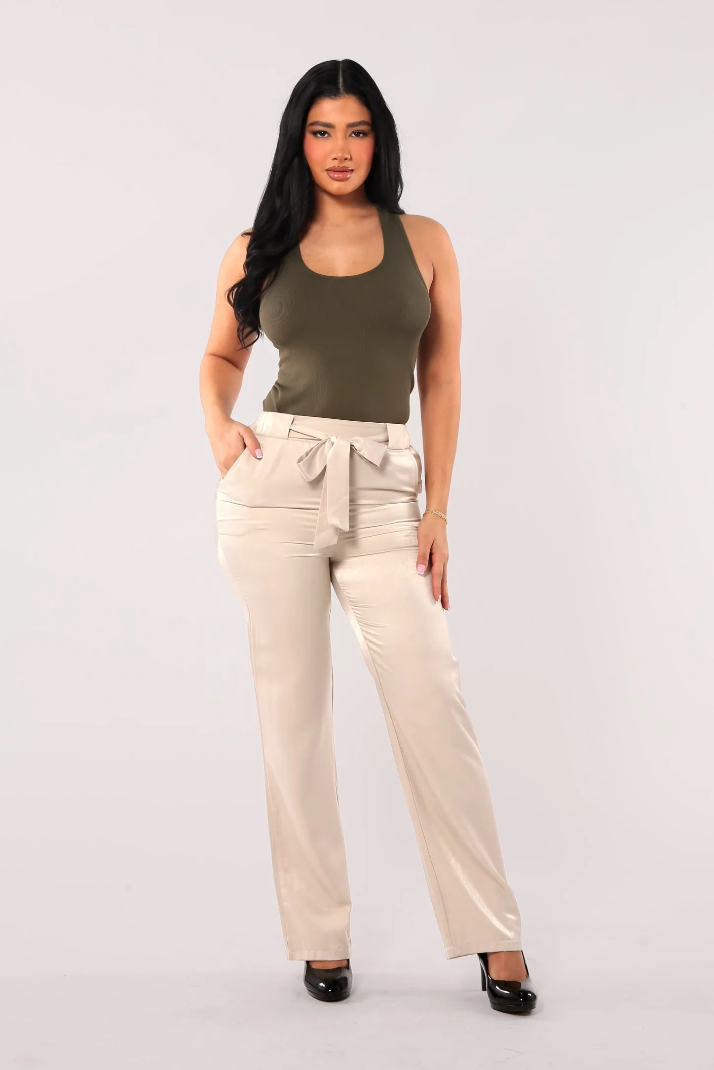 Tribute Silk Straight Leg Pants With Self Tie - Sand