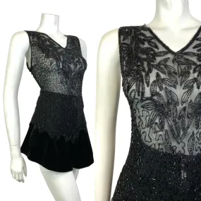 VINTAGE 60s 70s BLACK FLORAL SQUIGGLE SEQUIN BEADED SHEER SLEEVELESS TOP 12 14